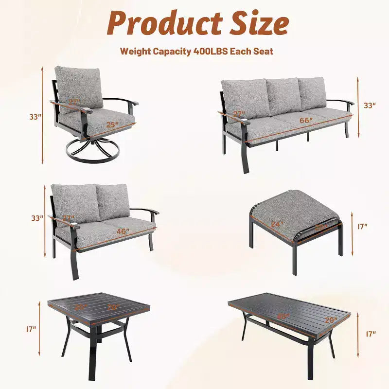 EROMMY 7 PCS Outdoor Metal Conversation Set With 360 Swivel Rocking Chairs, Sofa, Coffee Table&Ottoman For Patio, Garden, Deck Or Poolside