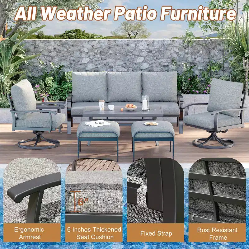 EROMMY 7 PCS Outdoor Metal Conversation Set With 360 Swivel Rocking Chairs, Sofa, Coffee Table&Ottoman For Patio, Garden, Deck Or Poolside