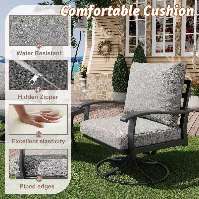 EROMMY 7 PCS Outdoor Metal Conversation Set With 360 Swivel Rocking Chairs, Sofa, Coffee Table&Ottoman For Patio, Garden, Deck Or Poolside