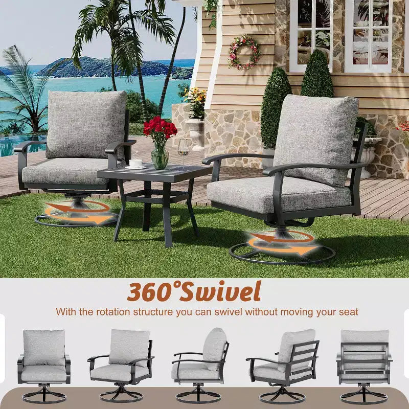 EROMMY 7 PCS Outdoor Metal Conversation Set With 360 Swivel Rocking Chairs, Sofa, Coffee Table&Ottoman For Patio, Garden, Deck Or Poolside