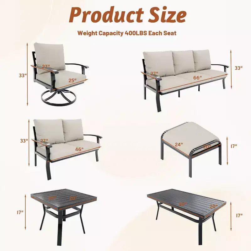 EROMMY 7 PCS Outdoor Metal Conversation Set With 360 Swivel Rocking Chairs, Sofa, Coffee Table&Ottoman For Patio, Garden, Deck Or Poolside