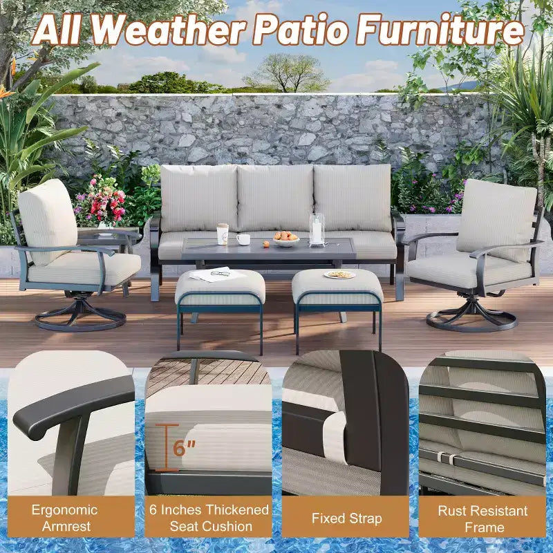 EROMMY 7 PCS Outdoor Metal Conversation Set With 360 Swivel Rocking Chairs, Sofa, Coffee Table&Ottoman For Patio, Garden, Deck Or Poolside