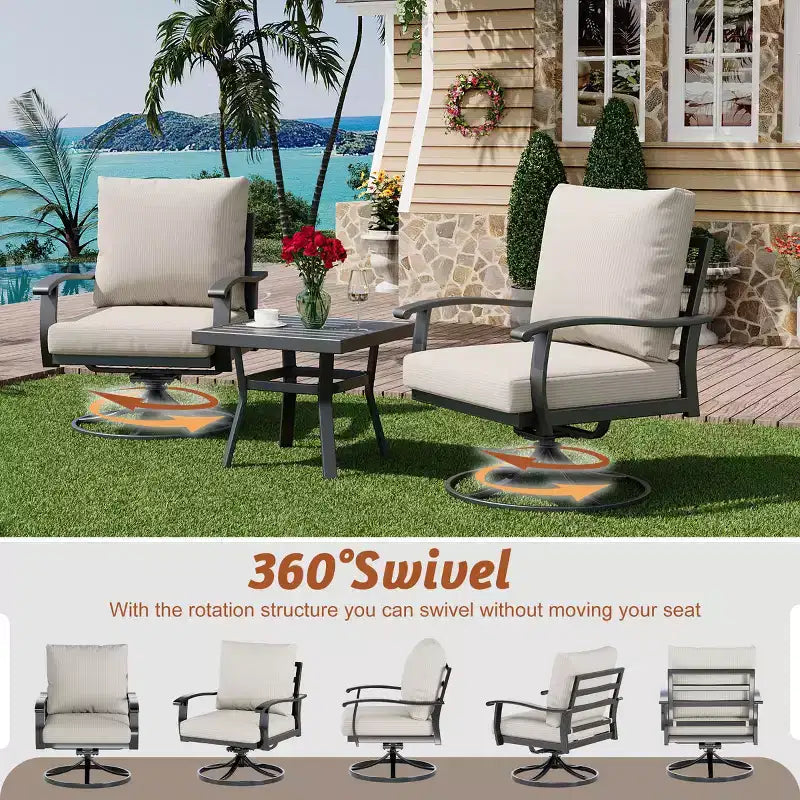 EROMMY 7 PCS Outdoor Metal Conversation Set With 360 Swivel Rocking Chairs, Sofa, Coffee Table&Ottoman For Patio, Garden, Deck Or Poolside