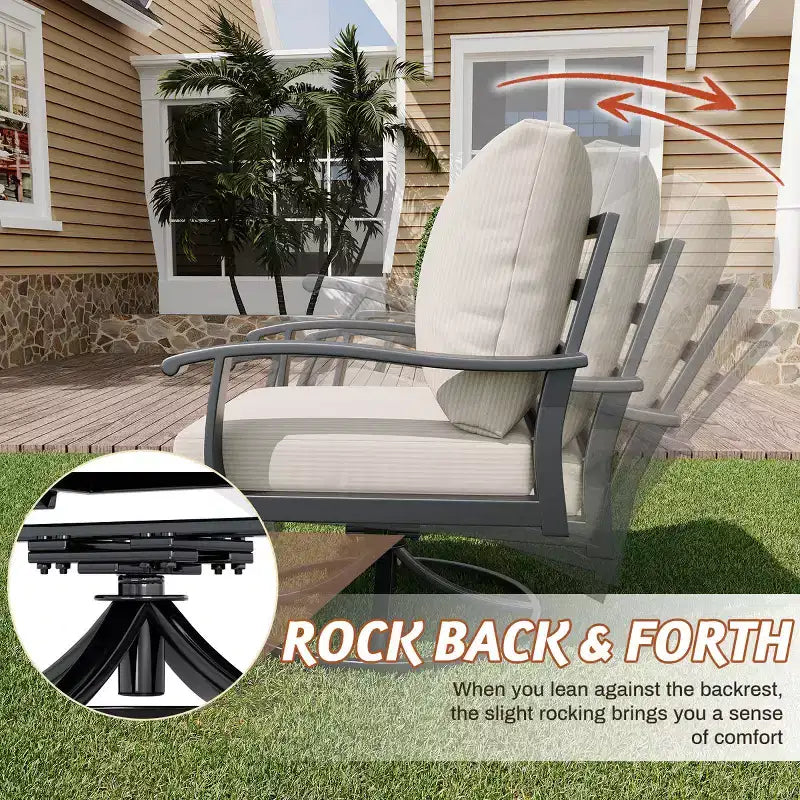 EROMMY 7 PCS Outdoor Metal Conversation Set With 360 Swivel Rocking Chairs, Sofa, Coffee Table&Ottoman For Patio, Garden, Deck Or Poolside