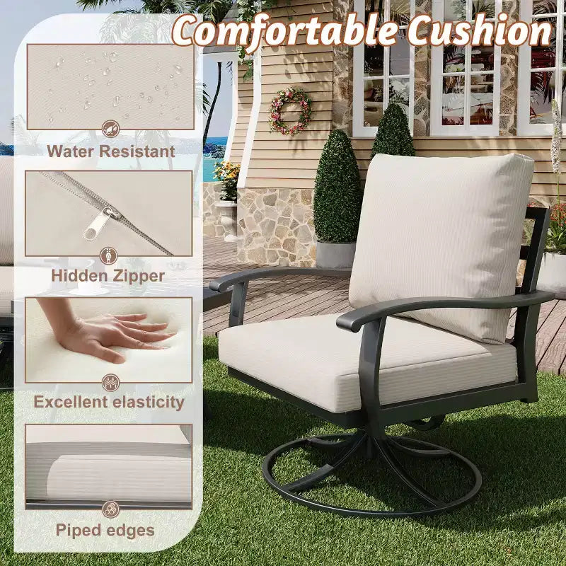 EROMMY 7 PCS Outdoor Metal Conversation Set With 360 Swivel Rocking Chairs, Sofa, Coffee Table&Ottoman For Patio, Garden, Deck Or Poolside