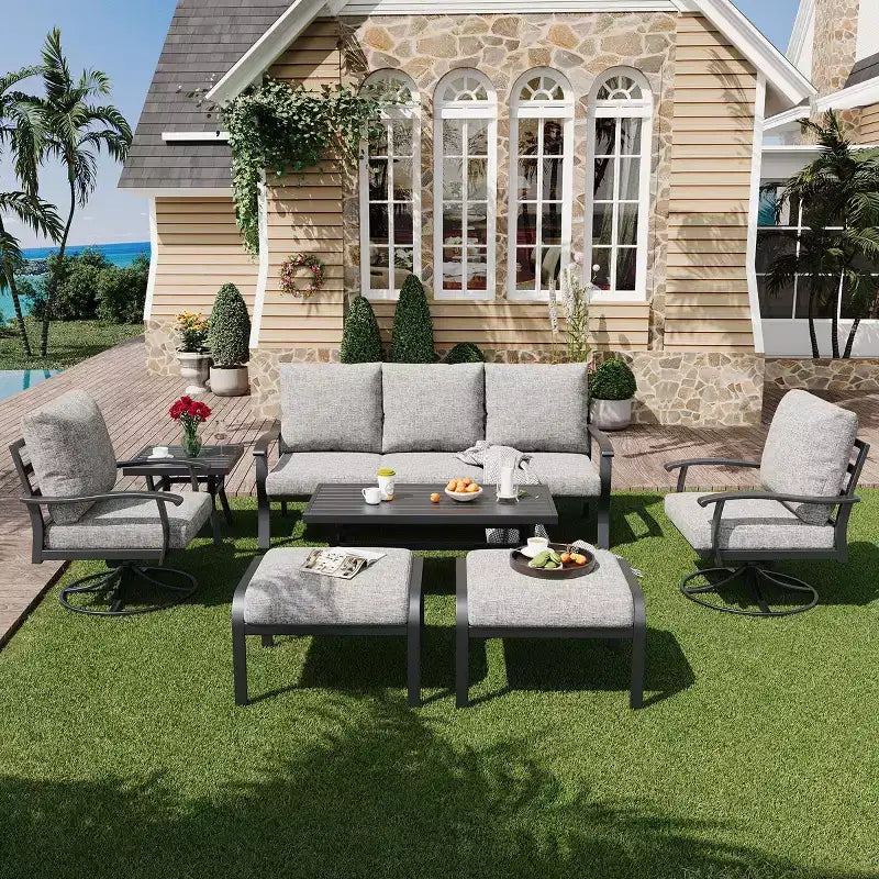 EROMMY 7 PCS Outdoor Metal Conversation Set With 360 Swivel Rocking Chairs, Sofa, Coffee Table&Ottoman For Patio, Garden, Deck Or Poolside