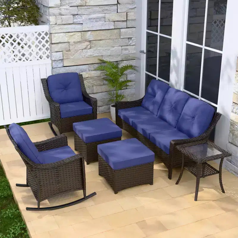 EAGLE PEAK Azure Bay 6 Pieces Wicker Outdoor Patio Furniture Set, Sofa and Rocking Chairs with Ottomans and Side Table