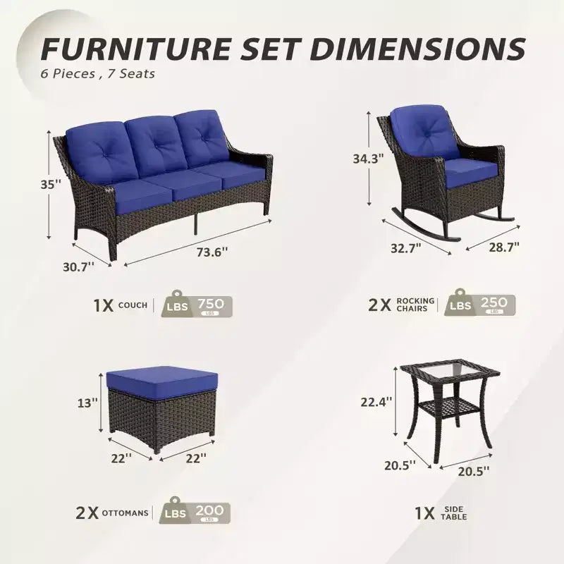 EAGLE PEAK Azure Bay 6 Pieces Wicker Outdoor Patio Furniture Set, Sofa and Rocking Chairs with Ottomans and Side Table