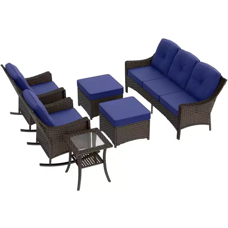 EAGLE PEAK Azure Bay 6 Pieces Wicker Outdoor Patio Furniture Set, Sofa and Rocking Chairs with Ottomans and Side Table