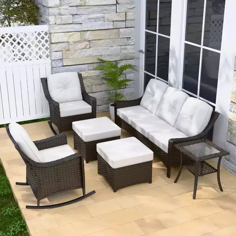 EAGLE PEAK Azure Bay 6 Pieces Wicker Outdoor Patio Furniture Set, Sofa and Rocking Chairs with Ottomans and Side Table