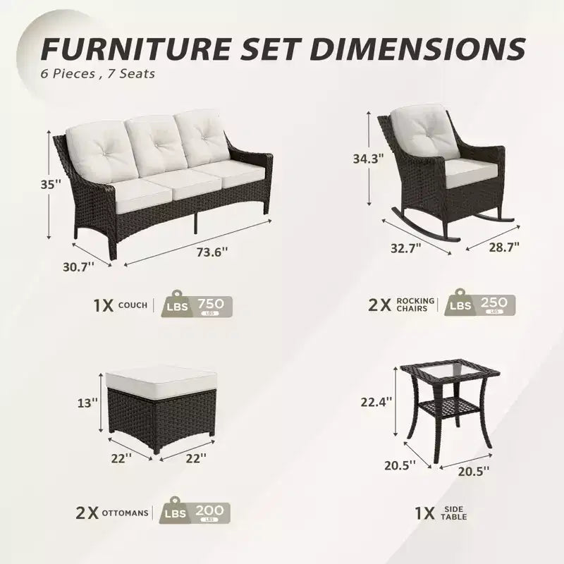 EAGLE PEAK Azure Bay 6 Pieces Wicker Outdoor Patio Furniture Set, Sofa and Rocking Chairs with Ottomans and Side Table
