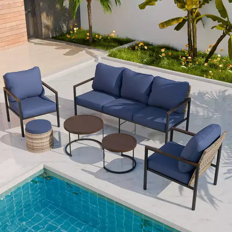 EAGLE PEAK Sunset Dune 6 Piece Collection Modern Outdoor Furniture Set, Patio Wicker Wood Grain Lounge Set