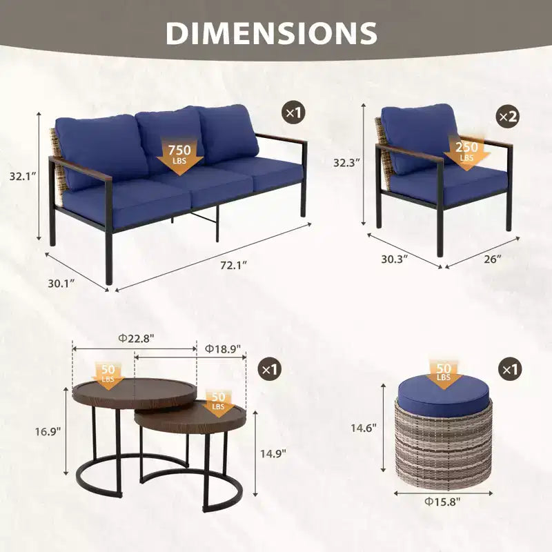 EAGLE PEAK Sunset Dune 6 Piece Collection Modern Outdoor Furniture Set, Patio Wicker Wood Grain Lounge Set