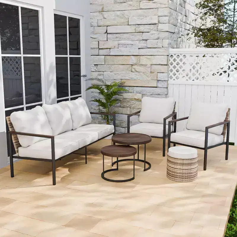 EAGLE PEAK Sunset Dune 6 Piece Collection Modern Outdoor Furniture Set, Patio Wicker Wood Grain Lounge Set