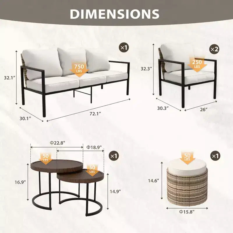 EAGLE PEAK Sunset Dune 6 Piece Collection Modern Outdoor Furniture Set, Patio Wicker Wood Grain Lounge Set