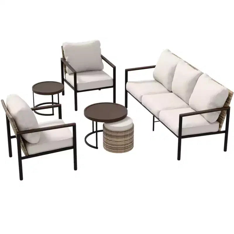 EAGLE PEAK Sunset Dune 6 Piece Collection Modern Outdoor Furniture Set, Patio Wicker Wood Grain Lounge Set