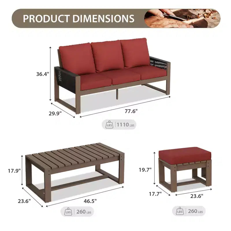 EAGLE PEAK 4 Pieces Natural Cedar Wood Conversation Set, Outdoor Patio Furniture with 2 Ottomans and Coffee Table