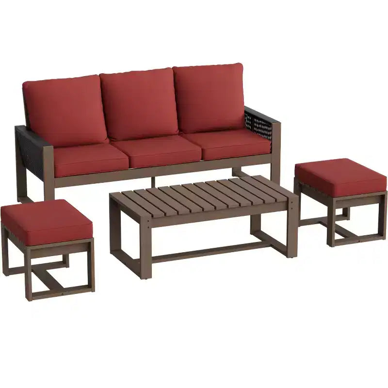 EAGLE PEAK 4 Pieces Natural Cedar Wood Conversation Set, Outdoor Patio Furniture with 2 Ottomans and Coffee Table