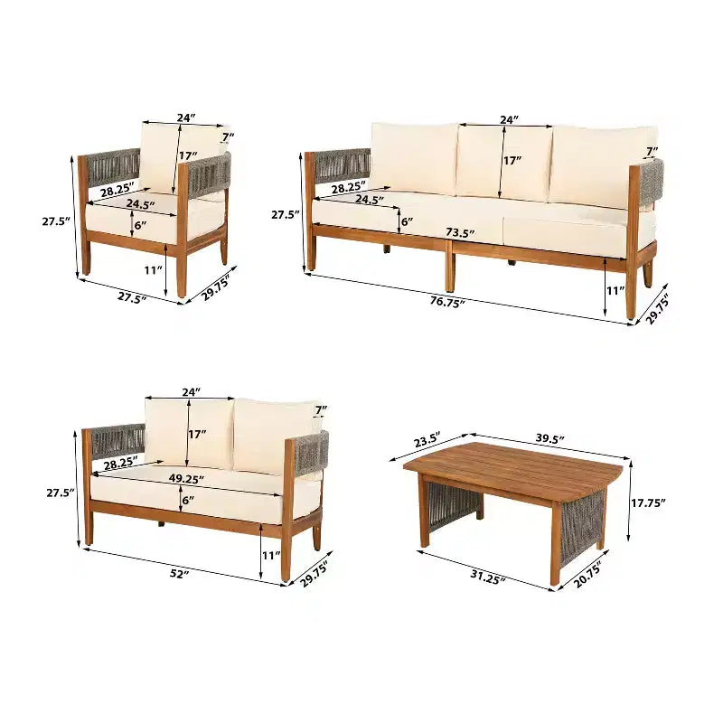 Christopher Knight Home Valentina Patio 5 Piece Rustic Rope Weave Acacia Wood Seating Set with Coffee Table and Cushions