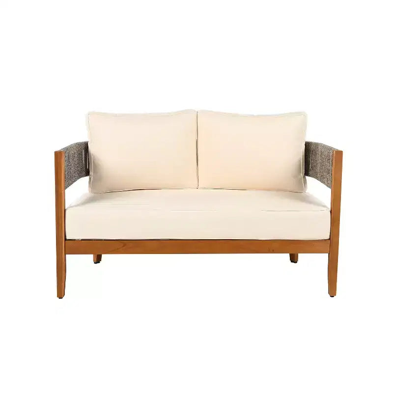 Christopher Knight Home Valentina Patio 5 Piece Rustic Rope Weave Acacia Wood Seating Set with Coffee Table and Cushions