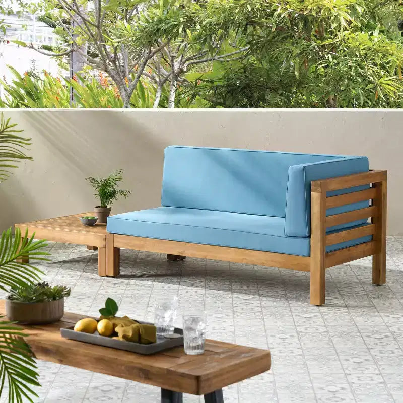 Christopher Knight Home Oana Outdoor Acacia Wood Right Arm Loveseat and Coffee Table Set with Cushion