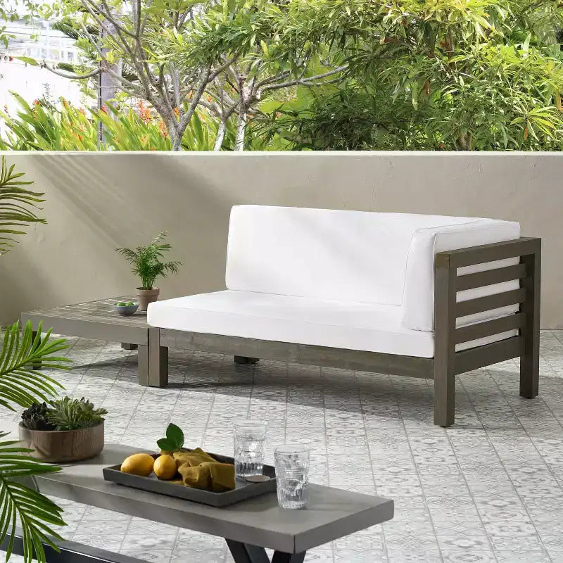 Christopher Knight Home Oana Outdoor Acacia Wood Right Arm Loveseat and Coffee Table Set with Cushion