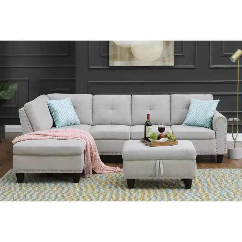 Okak 98 L-Shaped Sectional Couch with Movable Ottoman&2 Throw Pillows, Modern Linen Upholstered Sofa Chaise for Living Room,Apartment
