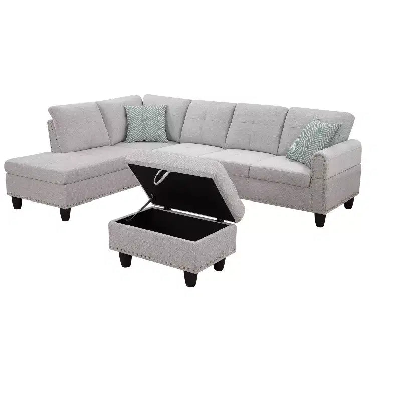 Okak 98 L-Shaped Sectional Couch with Movable Ottoman&2 Throw Pillows, Modern Linen Upholstered Sofa Chaise for Living Room,Apartment