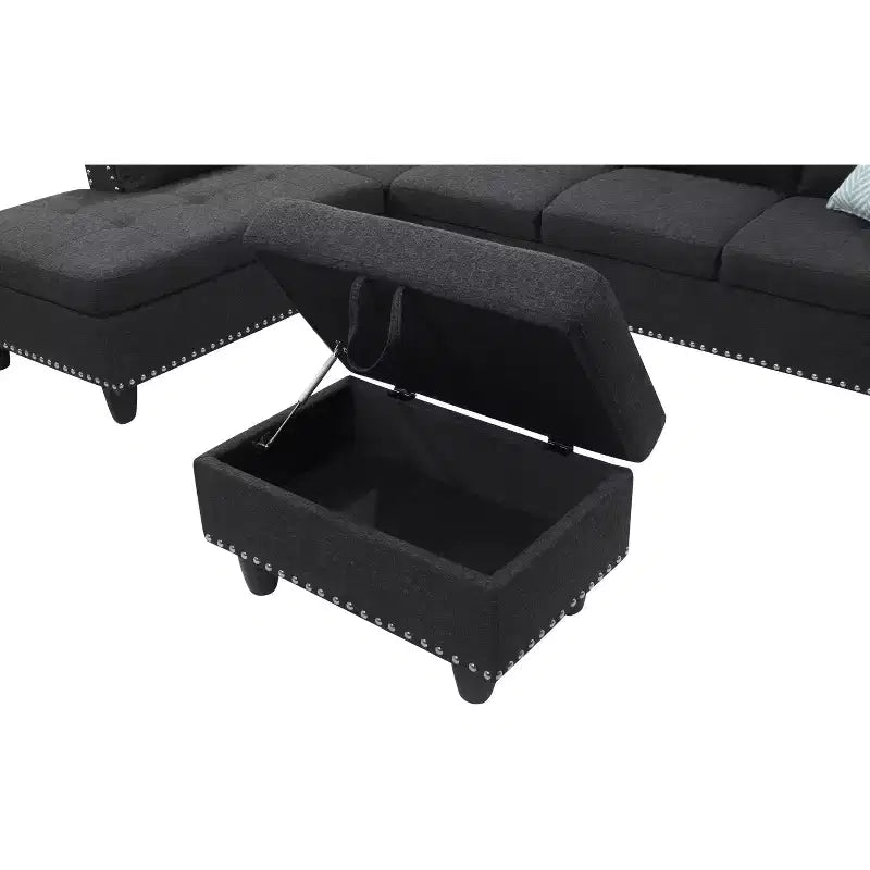 Okak 98 L-Shaped Sectional Couch with Movable Ottoman&2 Throw Pillows, Modern Linen Upholstered Sofa Chaise for Living Room,Apartment