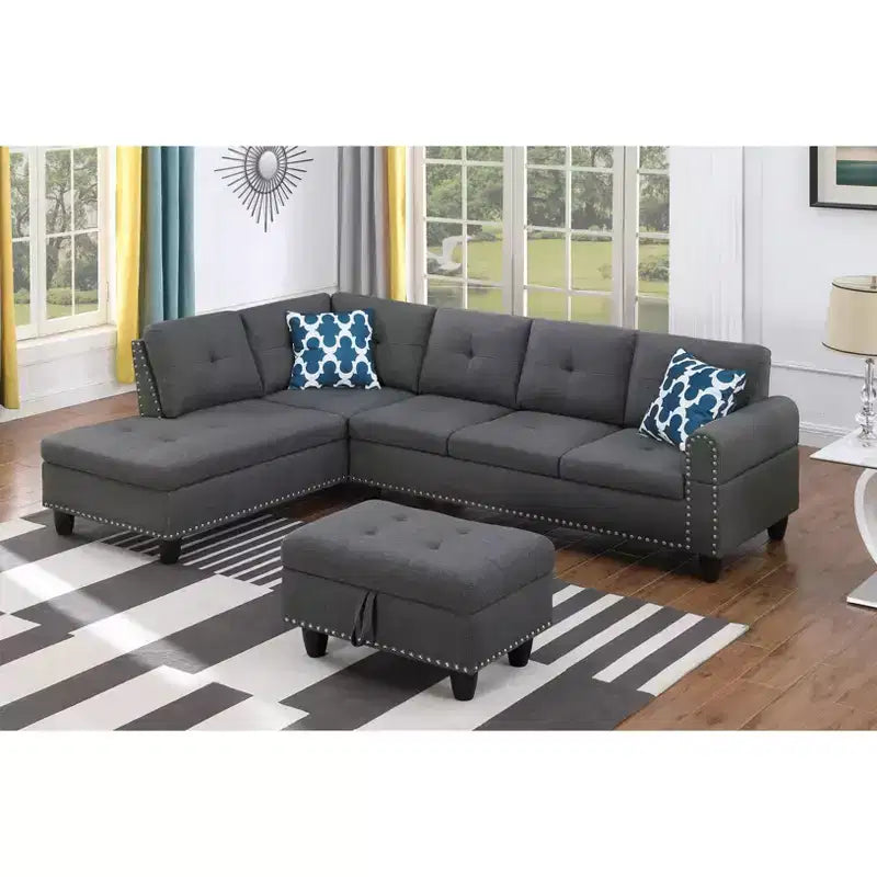 Okak 98 L-Shaped Sectional Couch with Movable Ottoman&2 Throw Pillows, Modern Linen Upholstered Sofa Chaise for Living Room,Apartment