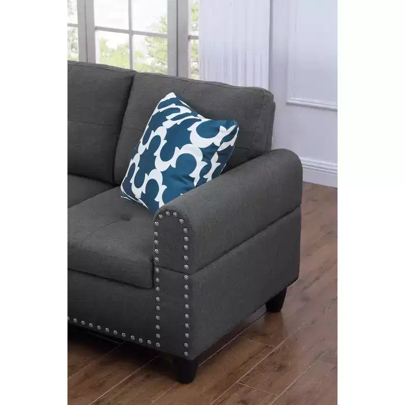 Okak 98 L-Shaped Sectional Couch with Movable Ottoman&2 Throw Pillows, Modern Linen Upholstered Sofa Chaise for Living Room,Apartment