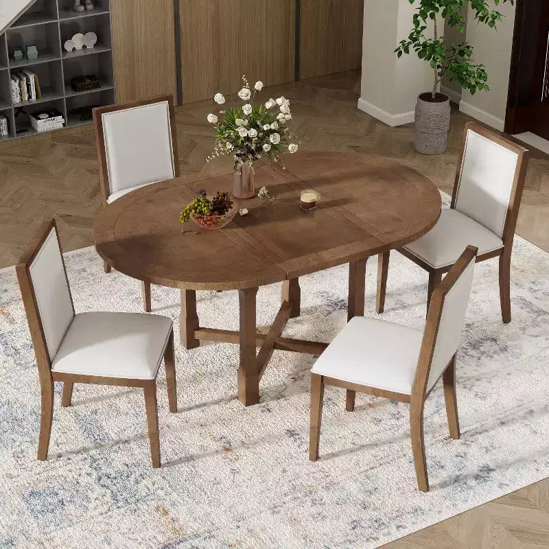 Merax Farmhouse Style Kitchen Table with Removable Leaf & Upholstered Chairs