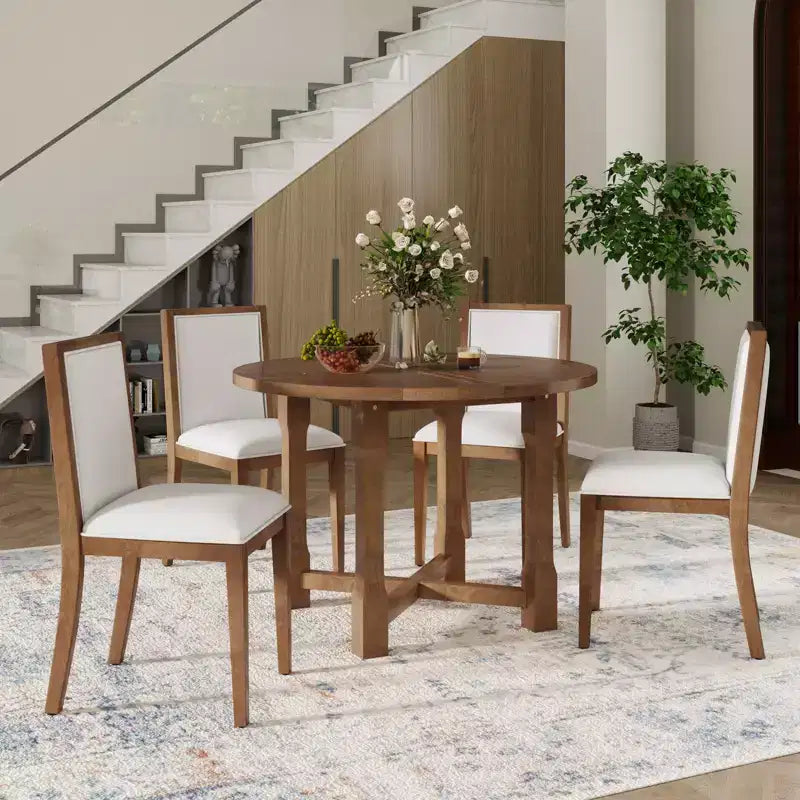 Merax Farmhouse Style Kitchen Table with Removable Leaf & Upholstered Chairs