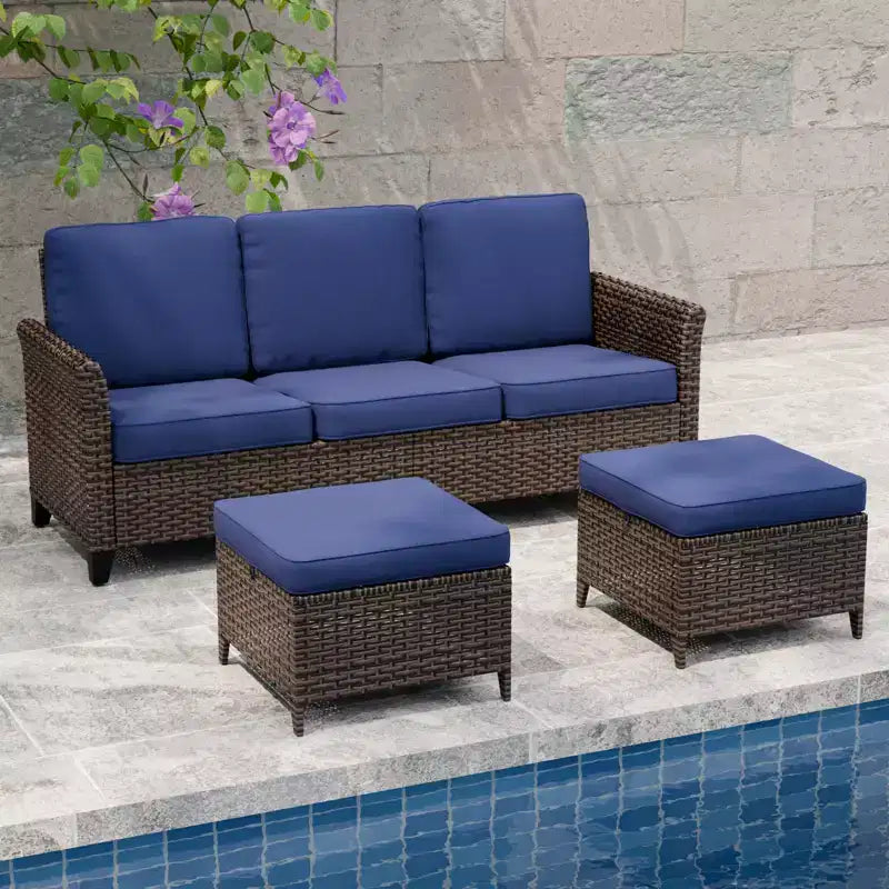 EAGLE PEAK Ocean Vista 3 piece Outdoor Wicker Couch Sofa, Variated Wicker Conversation 3-Seat Sofa Set with Ottomans