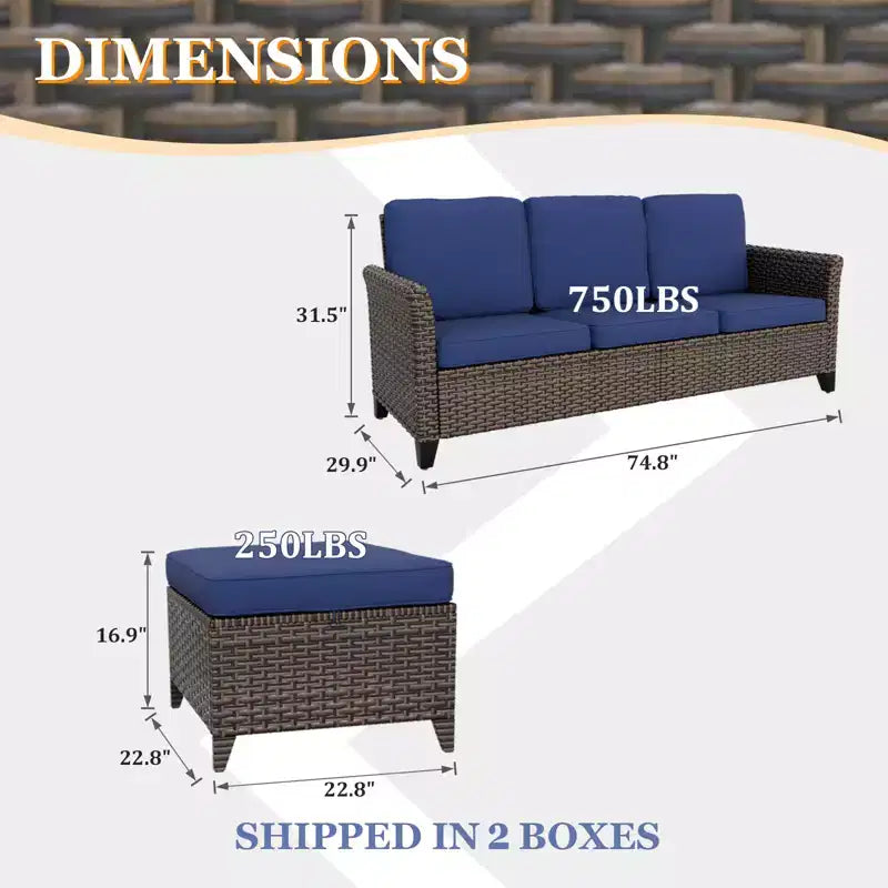 EAGLE PEAK Ocean Vista 3 piece Outdoor Wicker Couch Sofa, Variated Wicker Conversation 3-Seat Sofa Set with Ottomans