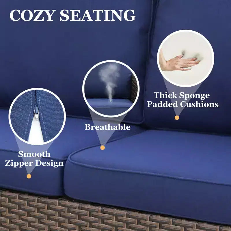 EAGLE PEAK Ocean Vista 3 piece Outdoor Wicker Couch Sofa, Variated Wicker Conversation 3-Seat Sofa Set with Ottomans