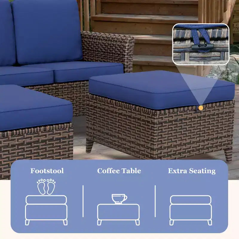 EAGLE PEAK Ocean Vista 3 piece Outdoor Wicker Couch Sofa, Variated Wicker Conversation 3-Seat Sofa Set with Ottomans