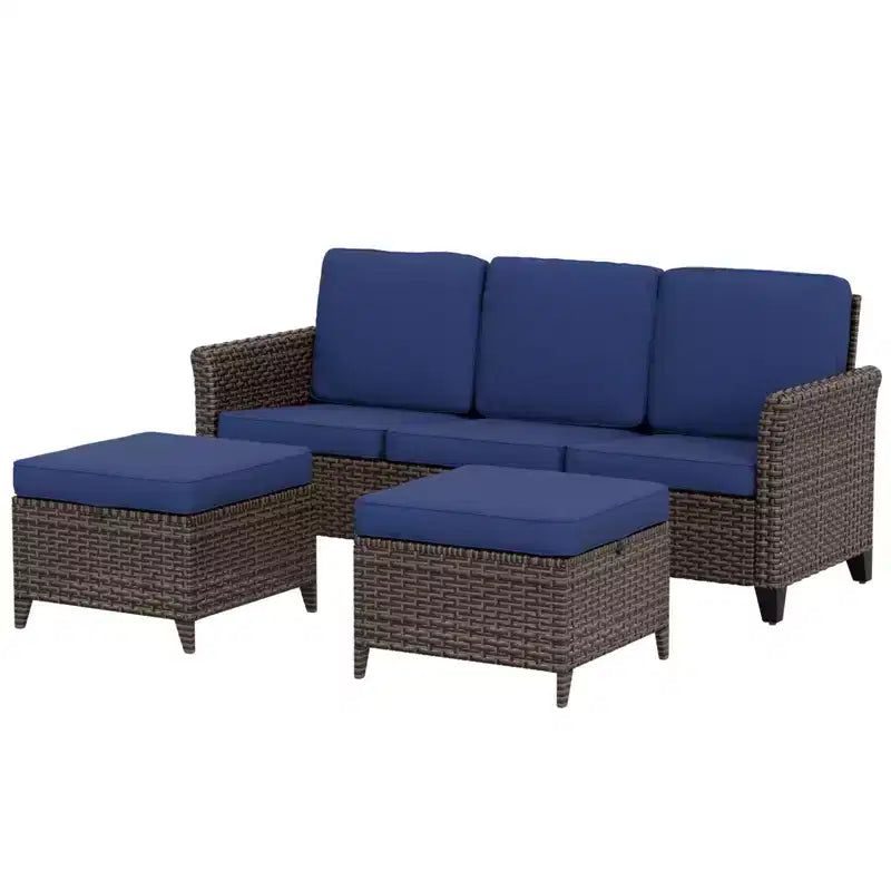 EAGLE PEAK Ocean Vista 3 piece Outdoor Wicker Couch Sofa, Variated Wicker Conversation 3-Seat Sofa Set with Ottomans