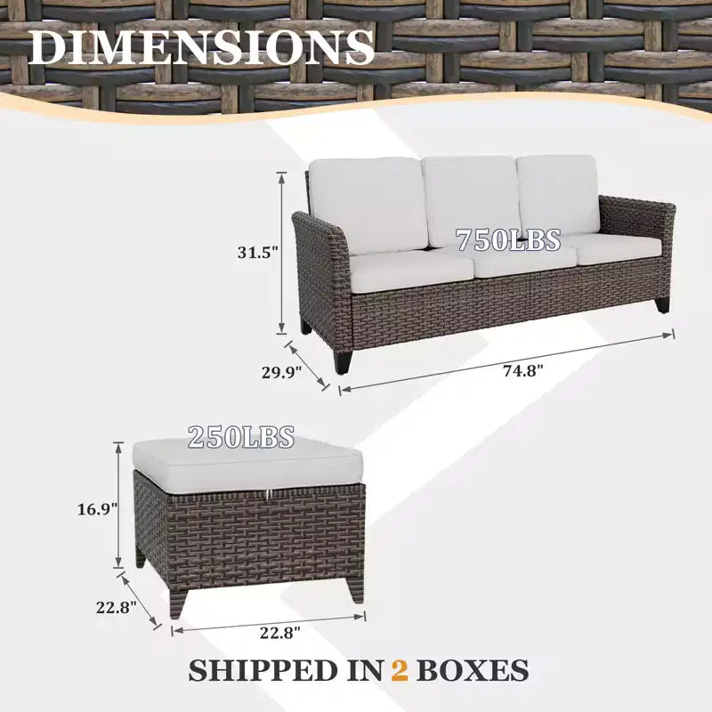 EAGLE PEAK Ocean Vista 3 piece Outdoor Wicker Couch Sofa, Variated Wicker Conversation 3-Seat Sofa Set with Ottomans