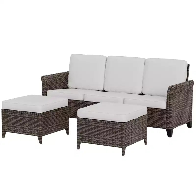 EAGLE PEAK Ocean Vista 3 piece Outdoor Wicker Couch Sofa, Variated Wicker Conversation 3-Seat Sofa Set with Ottomans