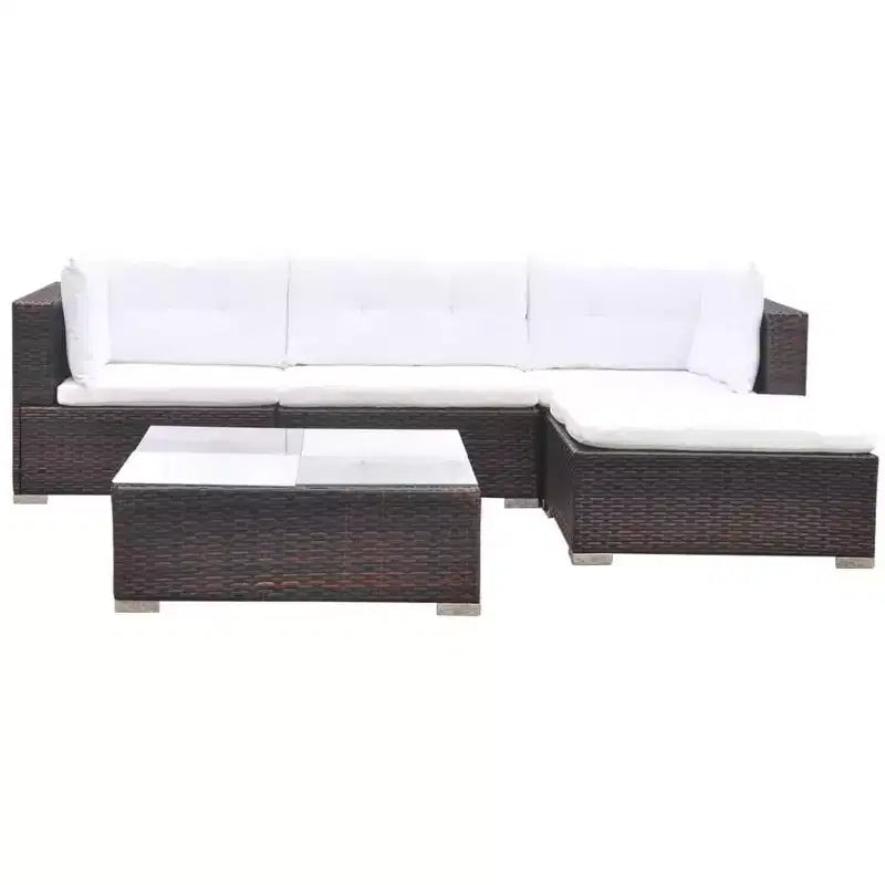 vidaXL 5 Piece Patio Lounge Set - Poly Rattan, Brown - Durable, All-Weather Outdoor Sofa Set with Cushions, Ottoman and Tea Table