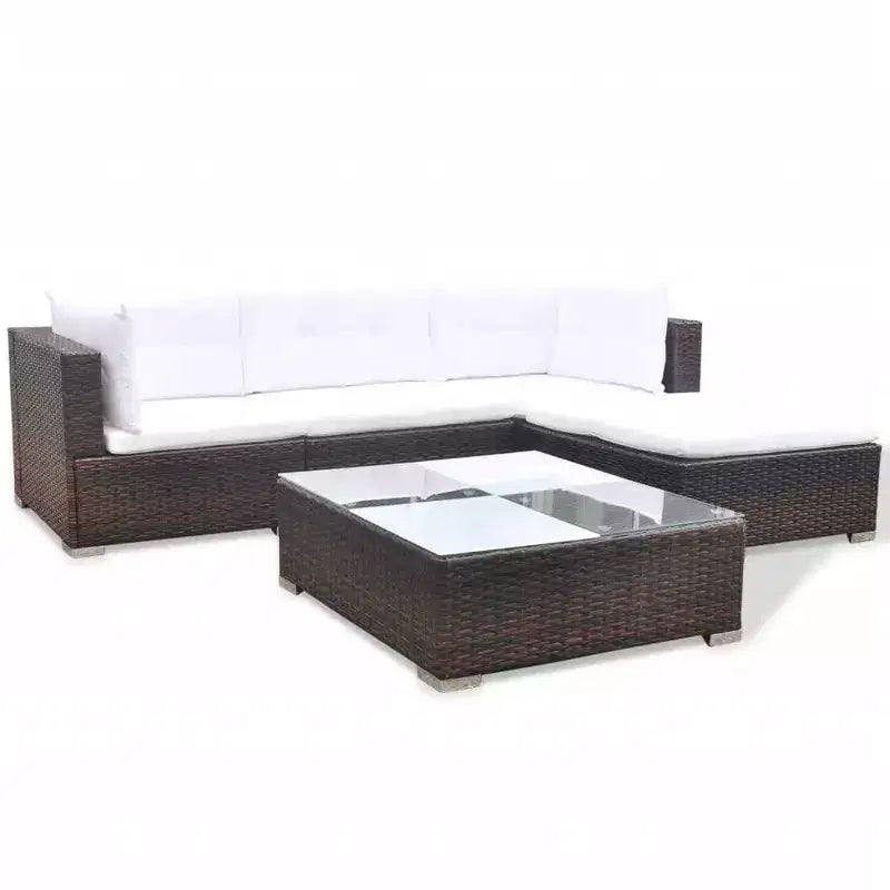 vidaXL 5 Piece Patio Lounge Set - Poly Rattan, Brown - Durable, All-Weather Outdoor Sofa Set with Cushions, Ottoman and Tea Table