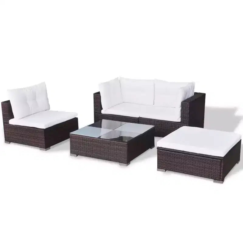 vidaXL 5 Piece Patio Lounge Set - Poly Rattan, Brown - Durable, All-Weather Outdoor Sofa Set with Cushions, Ottoman and Tea Table