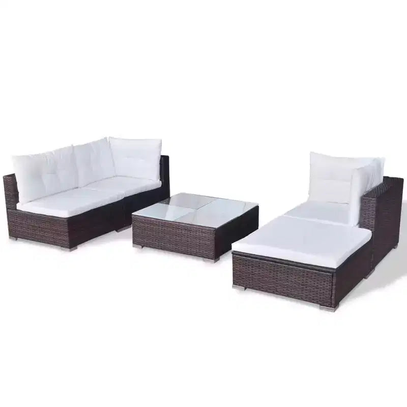 vidaXL 5 Piece Patio Lounge Set - Poly Rattan, Brown - Durable, All-Weather Outdoor Sofa Set with Cushions, Ottoman and Tea Table