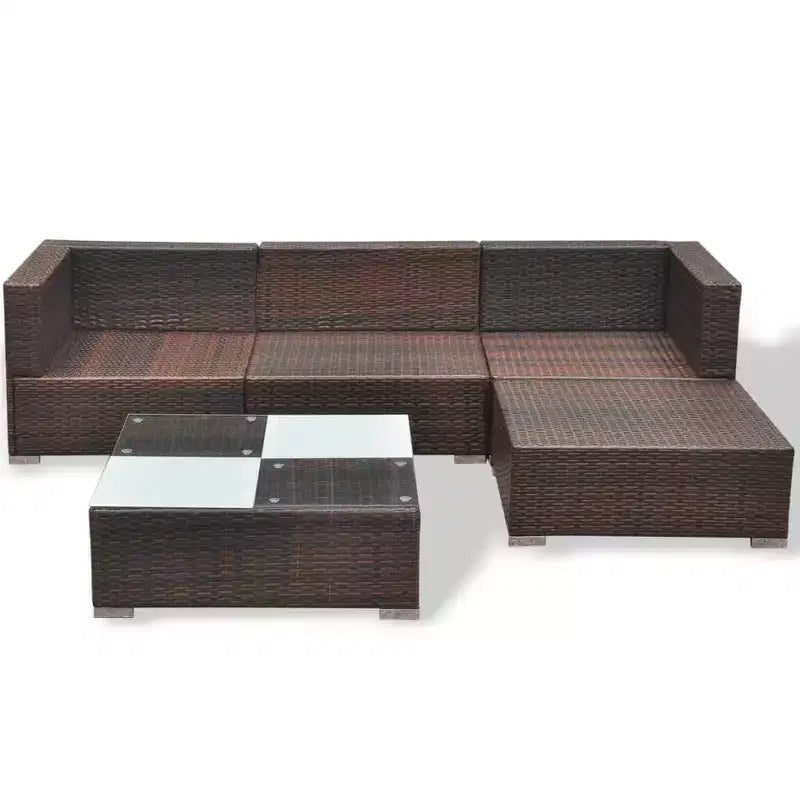 vidaXL 5 Piece Patio Lounge Set - Poly Rattan, Brown - Durable, All-Weather Outdoor Sofa Set with Cushions, Ottoman and Tea Table