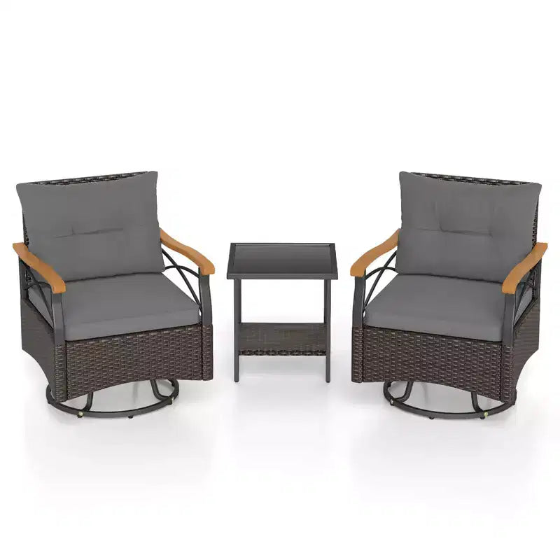 Costway 3 PCS Outdoor Swivel Chair Set with 2-Tier Tempered Glass Side Table Cushions Gray/White