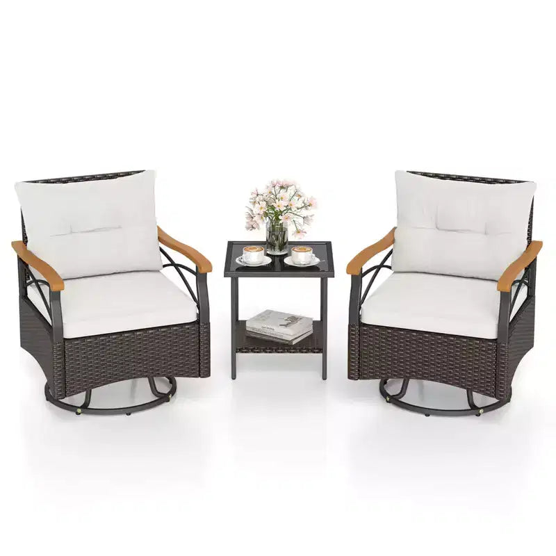 Costway 3 PCS Outdoor Swivel Chair Set with 2-Tier Tempered Glass Side Table Cushions Gray/White