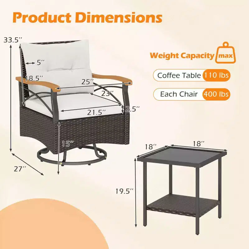 Costway 3 PCS Outdoor Swivel Chair Set with 2-Tier Tempered Glass Side Table Cushions Gray/White