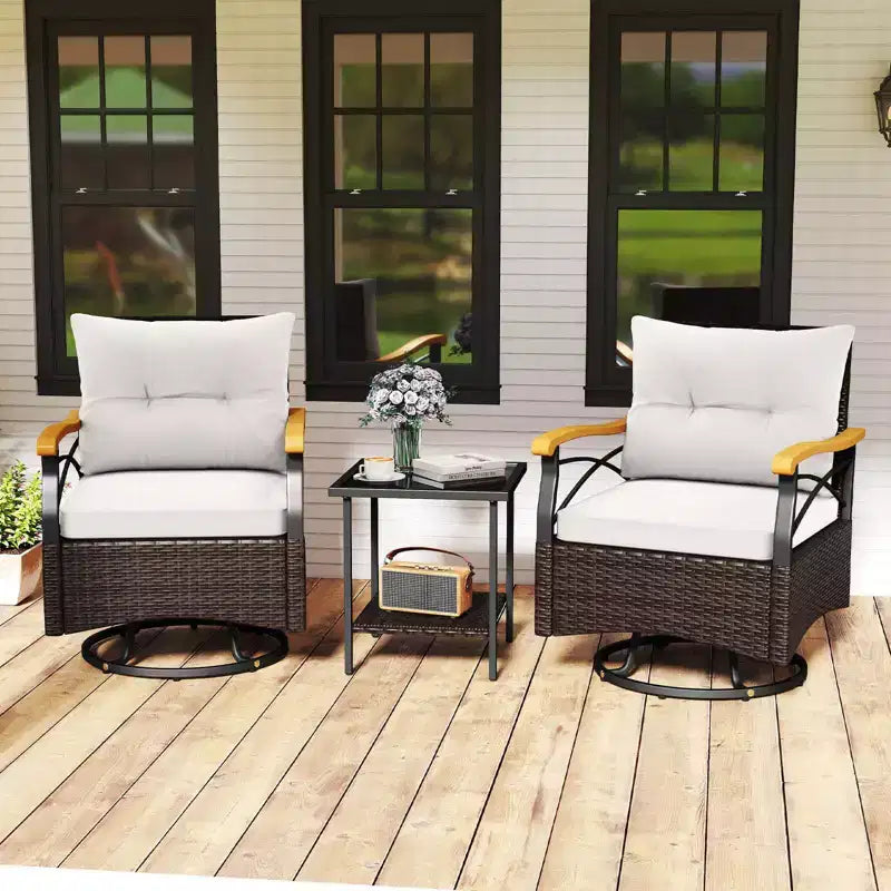 Costway 3 PCS Outdoor Swivel Chair Set with 2-Tier Tempered Glass Side Table Cushions Gray/White