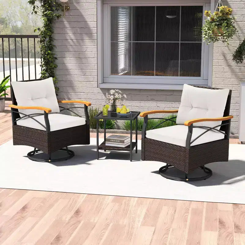 Costway 3 PCS Outdoor Swivel Chair Set with 2-Tier Tempered Glass Side Table Cushions Gray/White